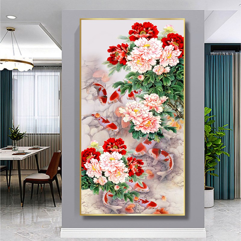 新款中式玄关装饰画牡丹九鱼图客厅过道壁画走廊招财花开富贵国画