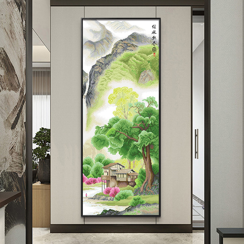 十字绣2021新款山水风景国画国风线绣竖版客厅玄关大幅手工自己绣