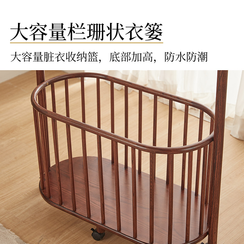 木质衣帽架落地脏衣篮挂衣架移动收纳筐一体卧室全实木家用衣服架