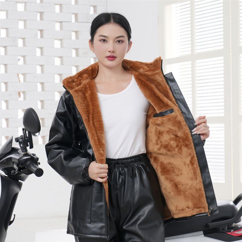 加绒加厚宽松皮衣女冬季外卖骑行皮棉衣防风保暖干活穿工作服艾贝