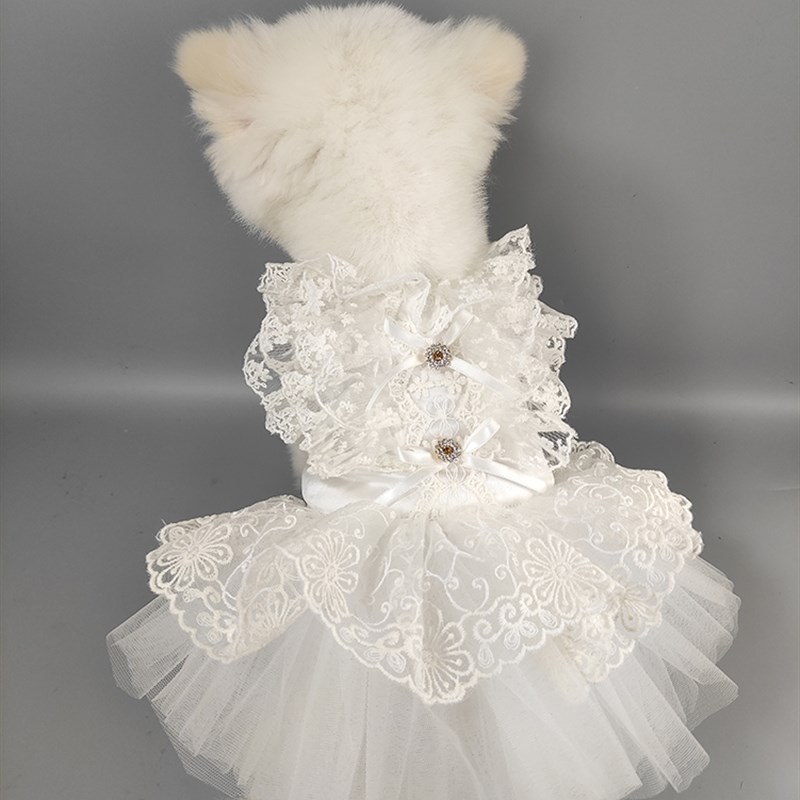 私宠手作白色金扣子宠物婚纱泰迪比熊公主裙猫咪结婚礼服纱裙定做