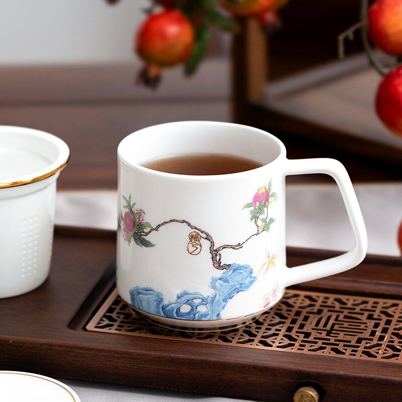 高淳陶瓷中式复古丹若骨瓷滤茶杯高端水杯家用办公送礼陶瓷水杯礼