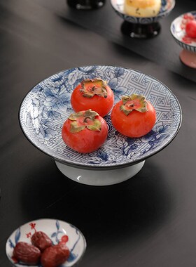 中式青花陶瓷高脚果盘 围炉煮茶供奉盘 福建手工陶瓷果盘