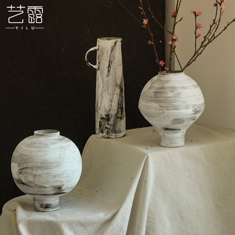 粗陶白色复古花瓶客厅插干花瓷瓶日式侘寂风装饰花器禅意陶瓷摆件