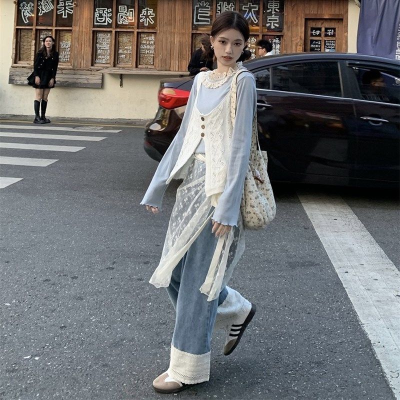 大码胖mm温柔吊带马甲打底衫网纱半身围裙牛仔裤女春夏叠穿四件套