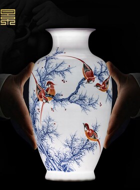 景德镇陶瓷花瓶手绘粉彩家居客厅插花摆件中式玄关博古架装饰瓷器