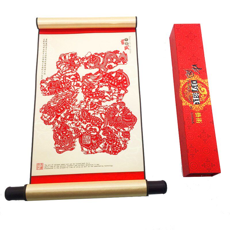 剪纸丝绸画轴装饰画窗花中国风特色礼品送老外出国小礼物手工艺品