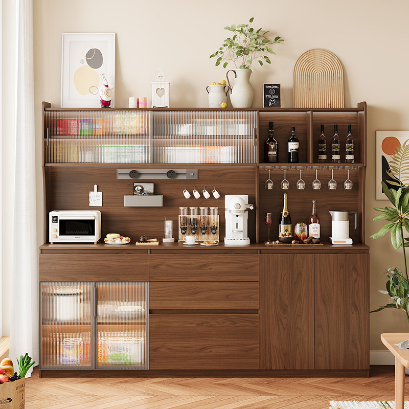 定制实木餐边柜厨房深胡桃简约储物柜靠墙一体橡木高柜茶水柜酒柜