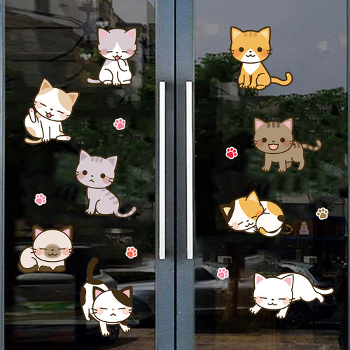 宠物店餐饮c便利店玻璃橱窗移门装饰贴纸自粘可爱猫咪狗狗贴画门