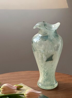 法式蓝色中古芬顿玻璃p花瓶轻奢插花水培造型花器高级感玄关摆件