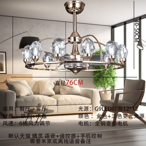 新款水晶风扇g灯餐厅客厅吊扇灯卧室风扇吊灯照明一体灯全铜电机