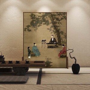 听琴图》新中式屏风隔断客厅实木卧室遮挡移动入户办公室古画座屏