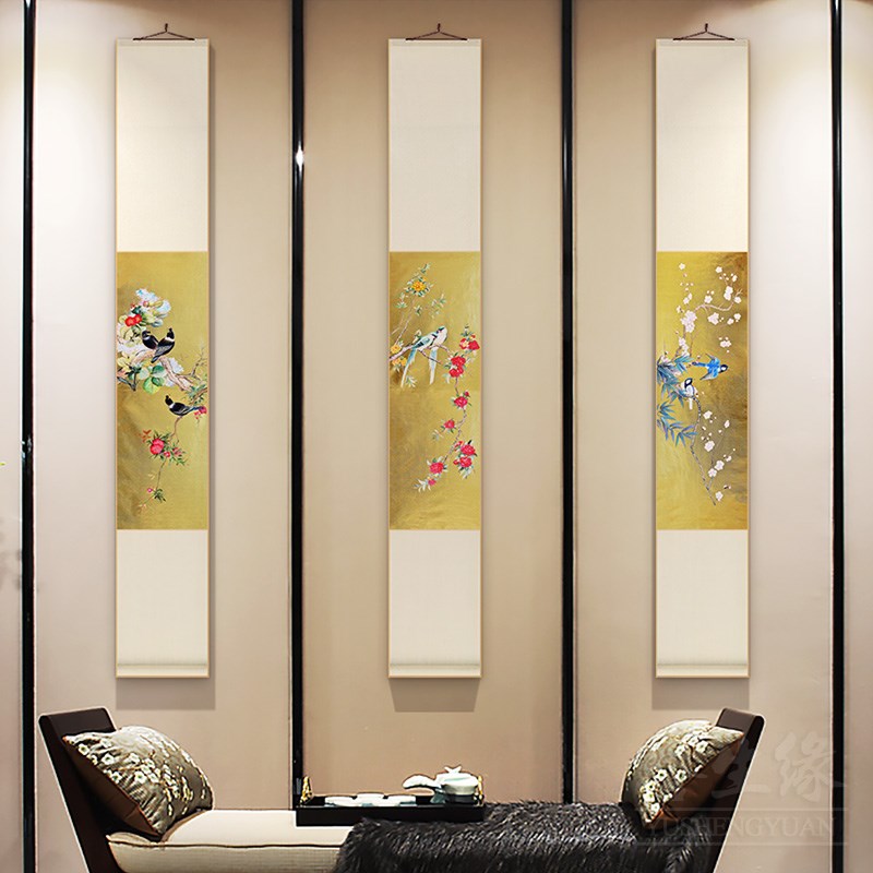 富贵花鸟国画新中式卷轴挂画餐厅书房装饰画茶室客厅走廊过道壁画