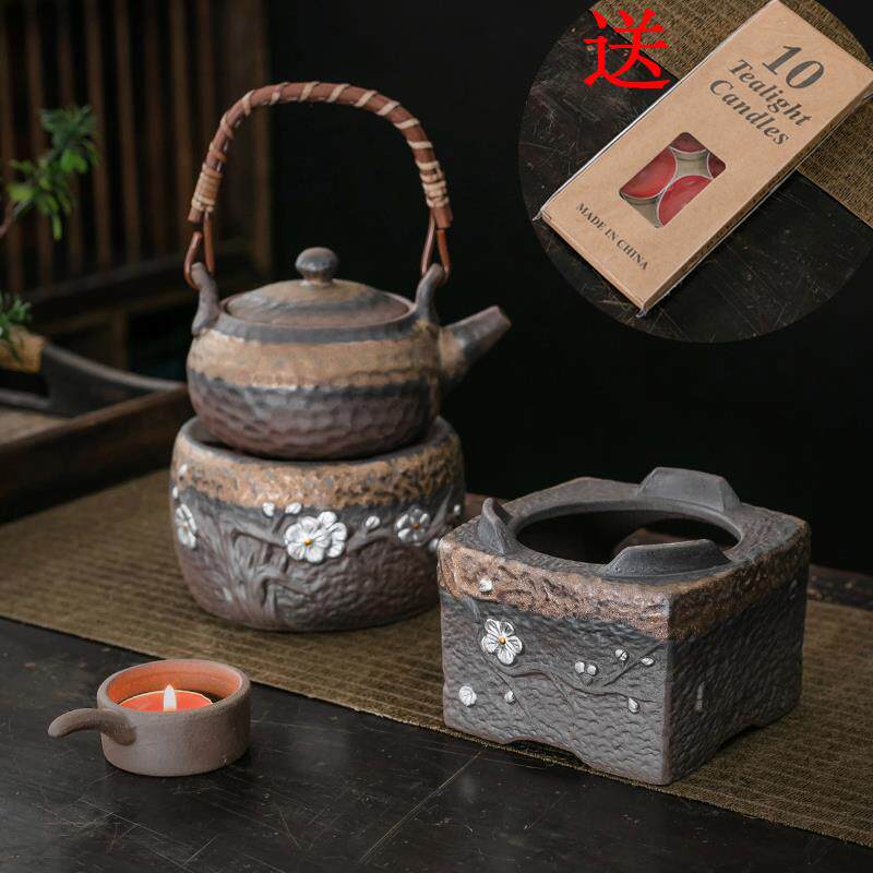 复古温茶炉蜡烛日式茶壶加热底座粗陶鎏金保温功夫煮茶温茶器套装