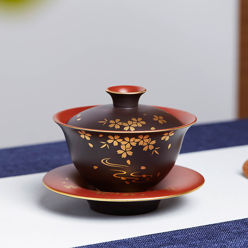 宜兴紫砂三才杯盖碗单个茶碗带盖泡茶杯大号防烫陶瓷功夫茶具套装