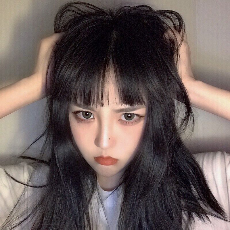 网红假发女黑长直发锁骨发一刀平黑色可爱自然修饰圆脸整顶假发套