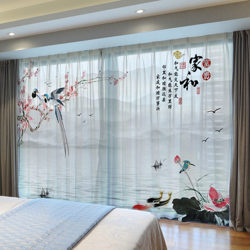 纱帘定制新中式山水画茶室书房客厅简约鸟语花香定制窗帘纱帘半透