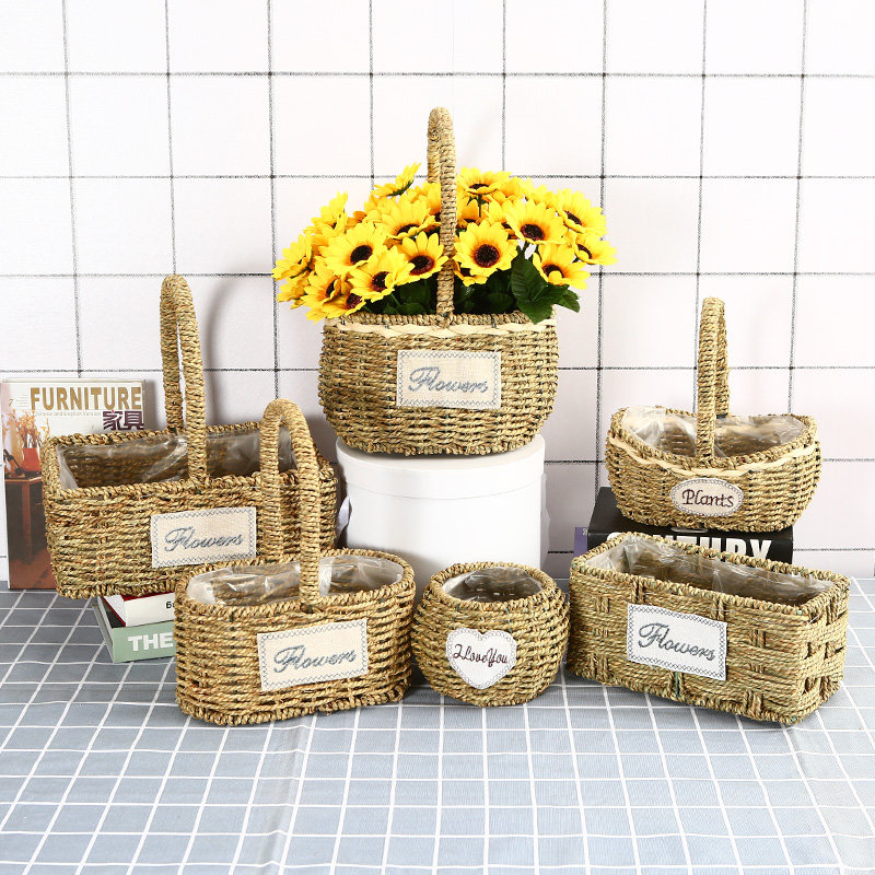 草编花盆藤编柳编创意手工编织田园绿萝花盆插花花篮藤编手提壁挂