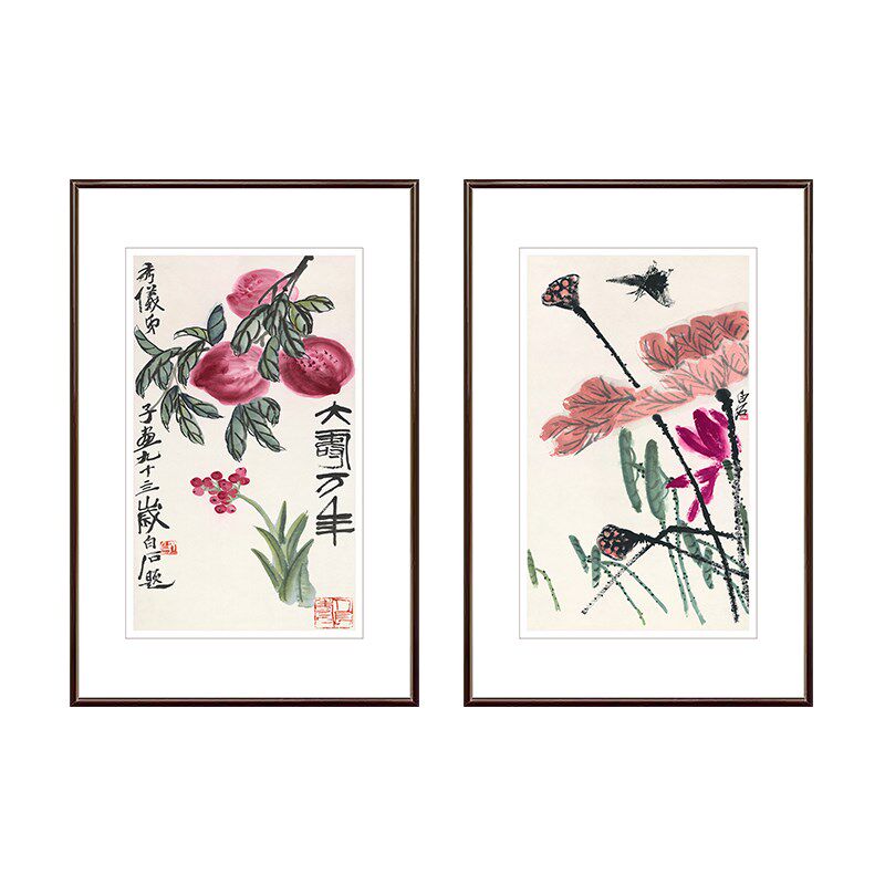 新中式玄关装饰画餐厅壁画客厅挂画齐白石福寿双全国画花鸟画字画