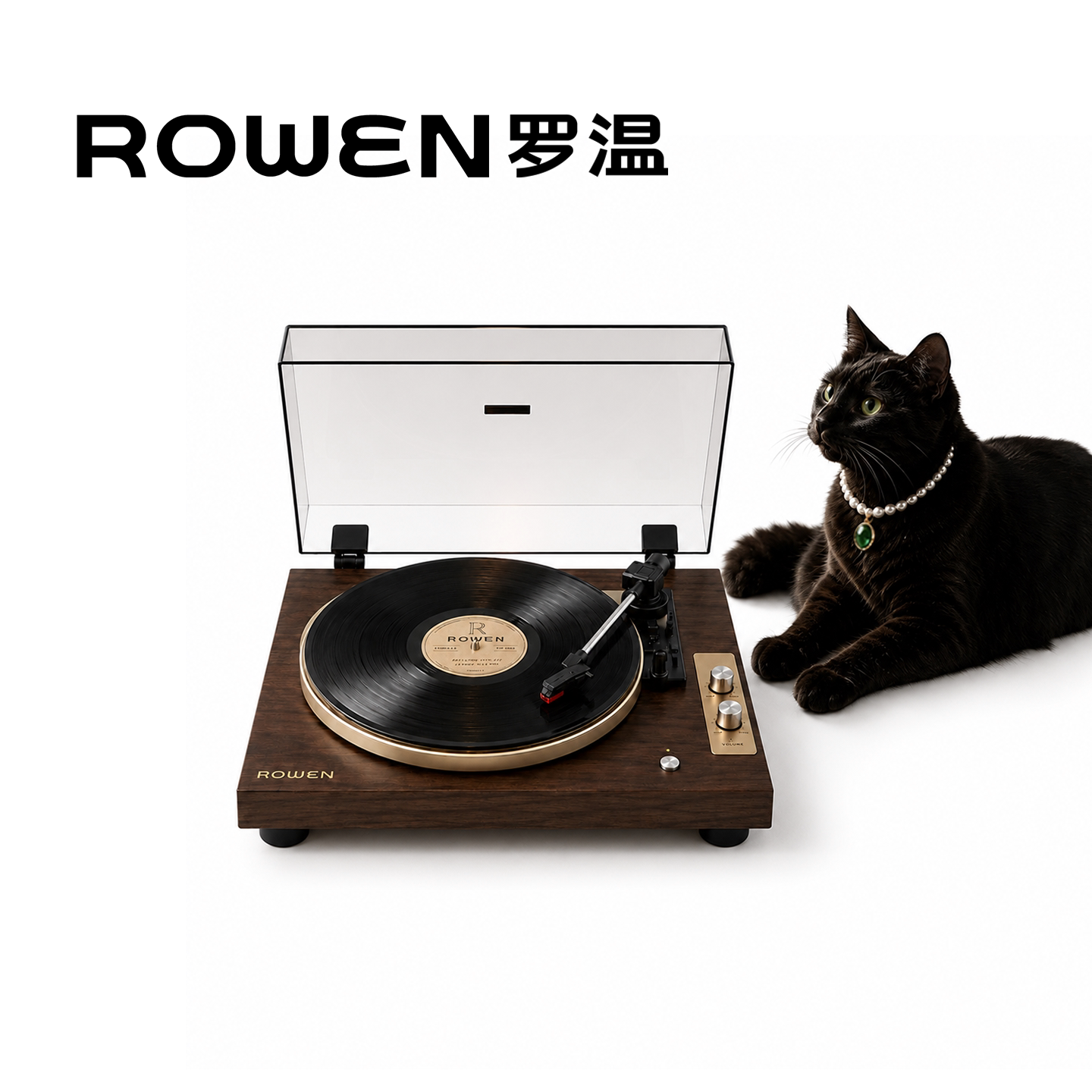 Rowen罗温猫咪专属音乐黑胶唱片机复古简约留声机唱机蓝牙音箱