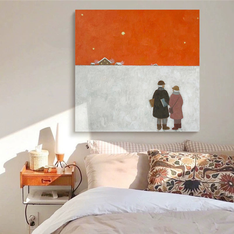 HW.ART手绘油画《携手共度》玄关侘寂风装饰画设计师卧室挂画手工