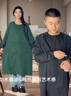 围裙黑色薄防水防油长袖女美术生反穿衣全包邮韩定制logo厨房超市
