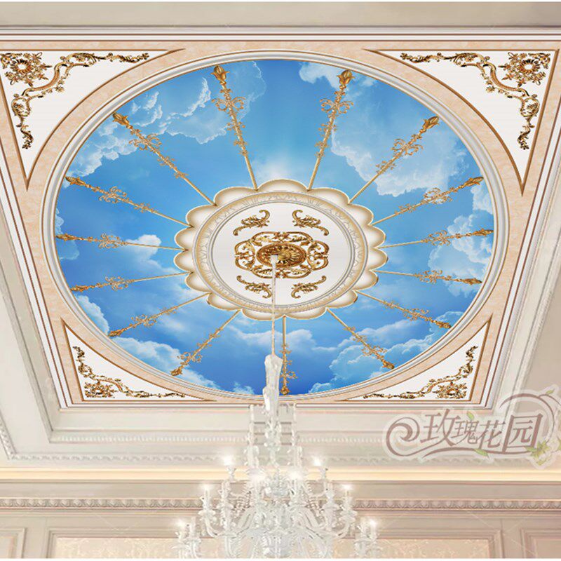 客厅天花板自粘壁画欧式花纹高档吊顶屋顶棚顶墙纸3d立体防水墙贴