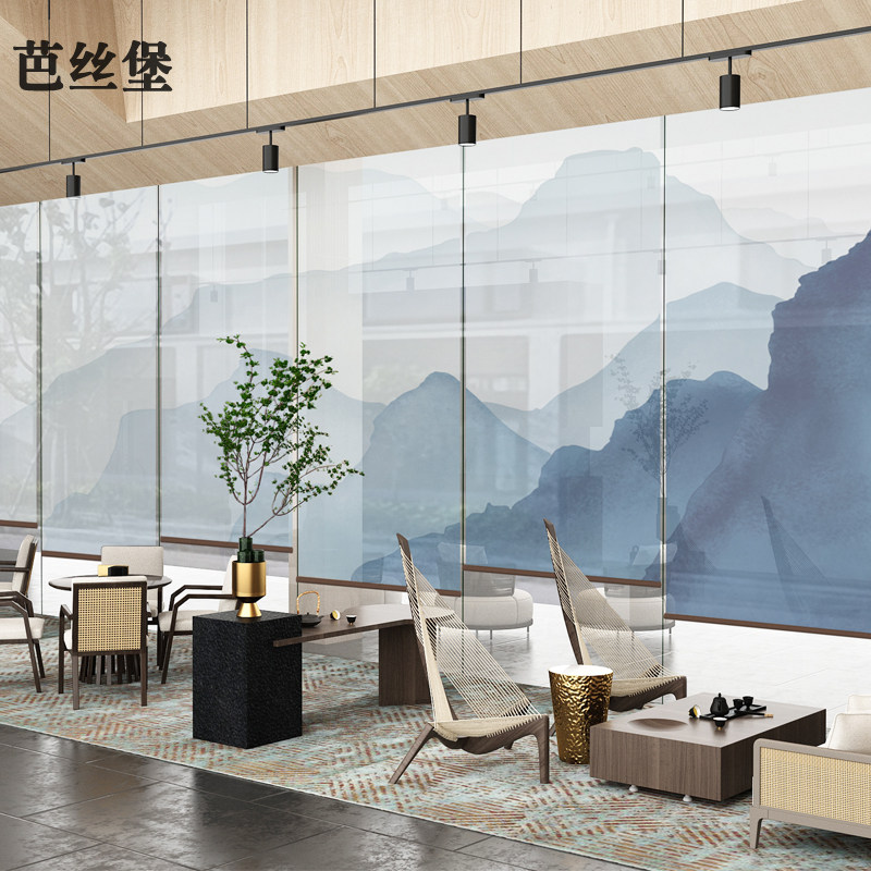 新中式帘子软屏风隔断悬挂式窗帘卷帘升降客厅酒店售楼部展会装饰