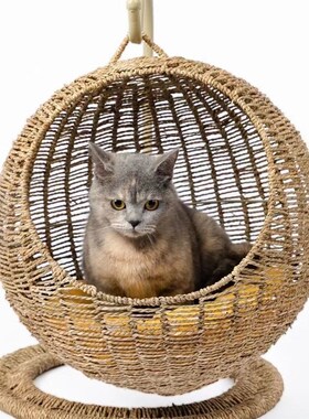 剑麻绳编猫窝半封闭圆形吊床夏季狗窝吊篮天然海草绳手工编织舒适