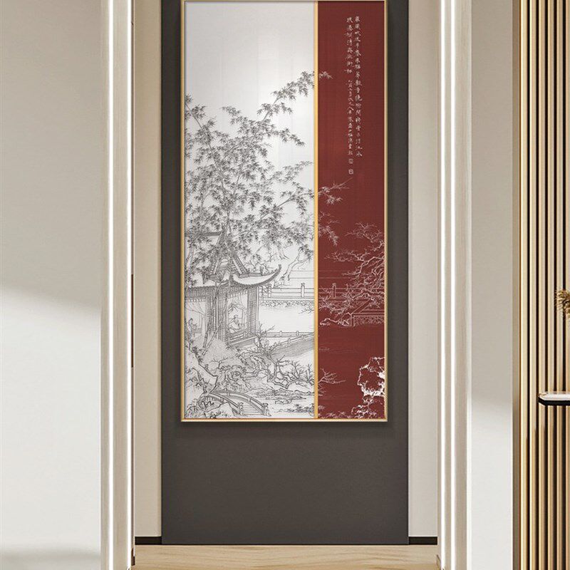 新中式酒店餐厅立体浮雕竖版装饰画入户玄关客厅沙发背景墙挂画