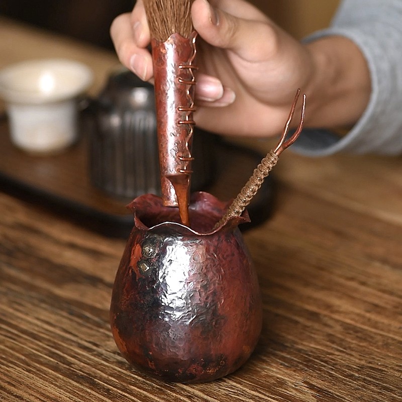 手工紫铜茶筒复古烧色茶具六君子茶夹茶勺茶配收纳筒文房笔筒配件