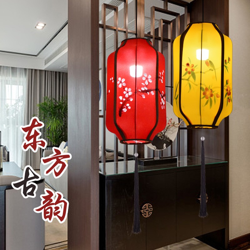中式布艺手绘花瓶灯笼餐厅茶楼过道创意冬瓜长形吊灯具红灯笼挂饰