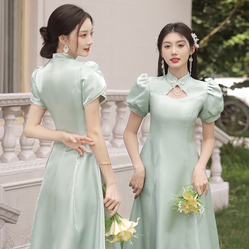 新中式伴娘服女2024新款姐妹裙礼服高级感缎面旗袍平时可穿伴娘团