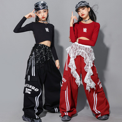 2026新款女童红色爵士舞演出服少儿jazz练功服裤子儿童街舞服