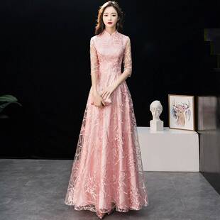 2026新款高端春秋简约大气中式伴娘服敬酒服粉色中国风长款宴会晚