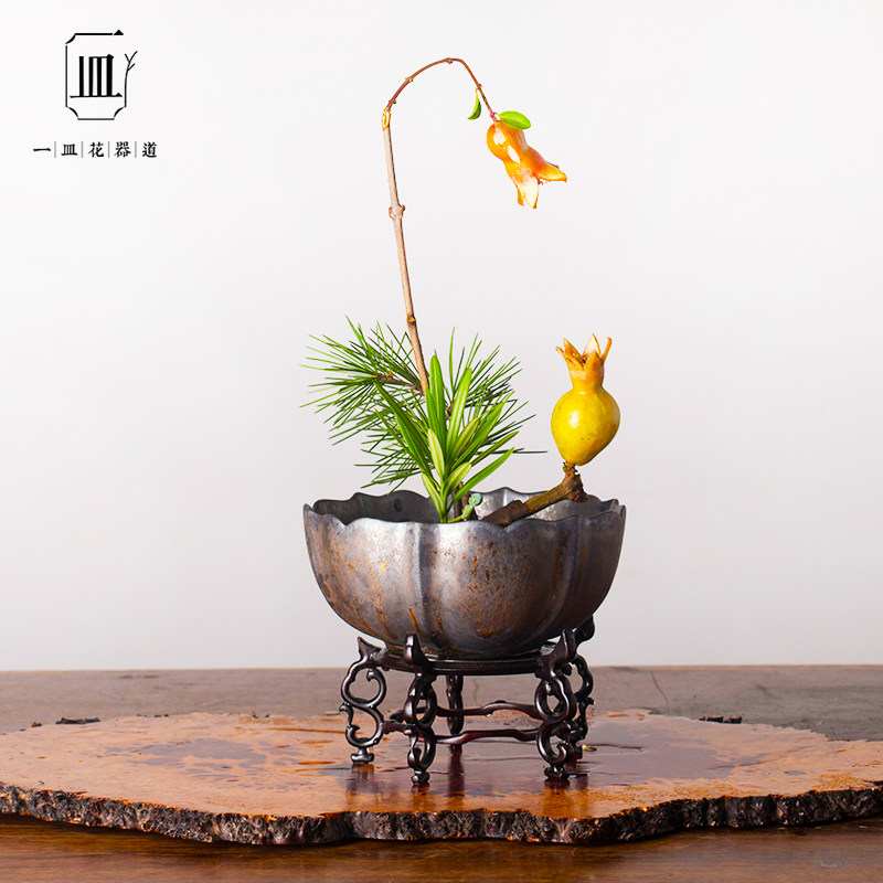 仿古莲花碗花器禅意鎏金陶瓷中式剑山插花器日式花道器皿花艺复古