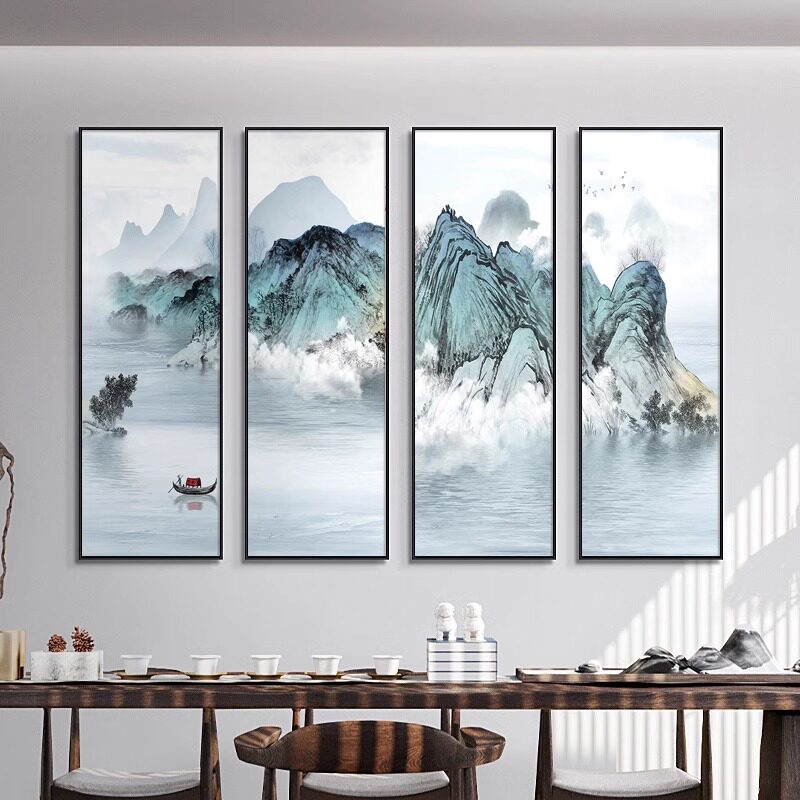 山水画客厅背景墙装饰画条屏四联画书房办公室壁画新中式茶室挂画