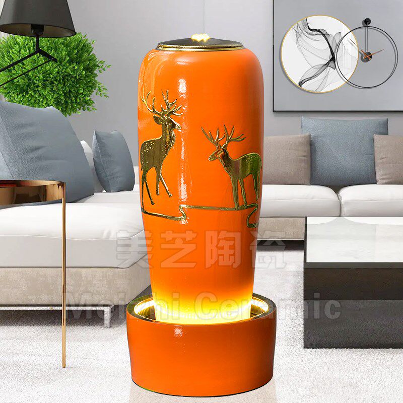 别墅客厅青花瓷流水摆件陶瓷花瓶加湿器循环水景观陶罐带灯喷泉缸