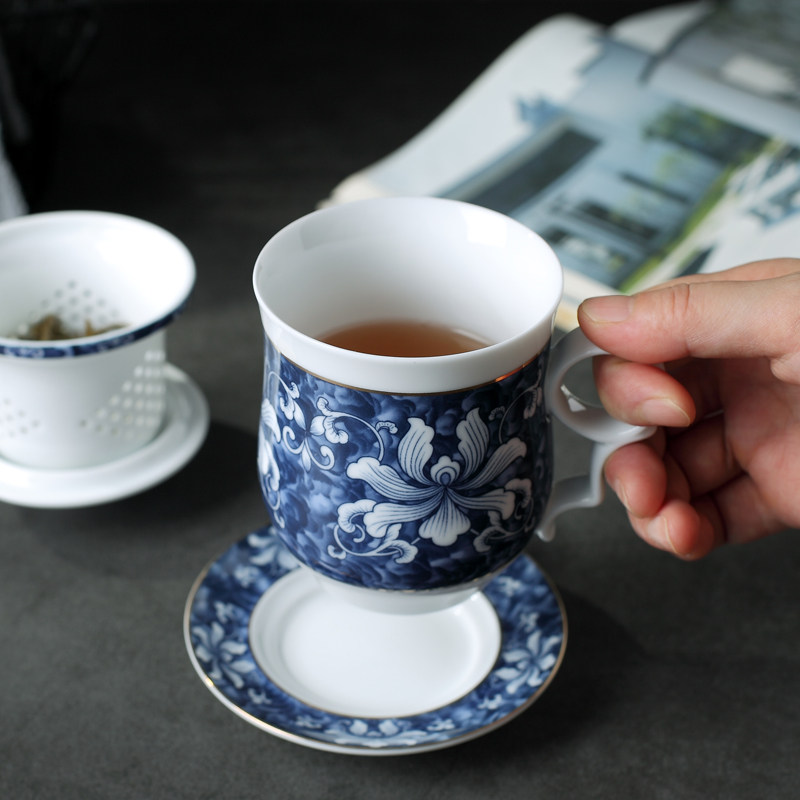 青花描金景德镇茶具茶杯陶瓷带盖过滤泡茶四件套家用办公礼品杯子