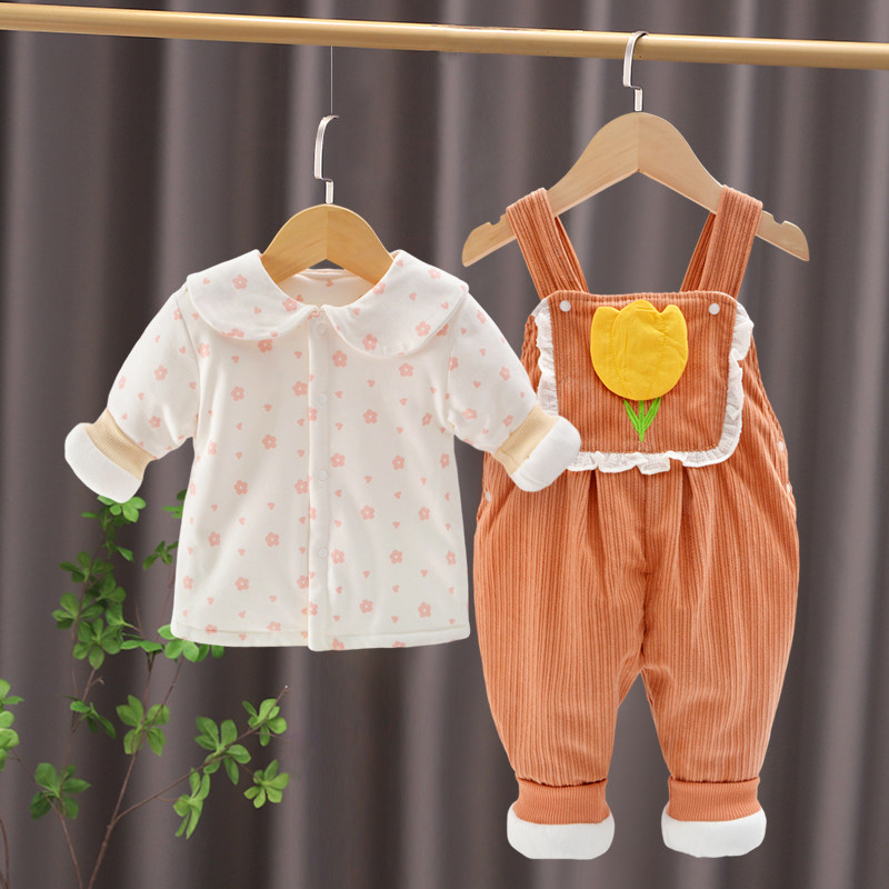 宝宝薄棉衣抱婴袋裤套装婴儿秋冬双层夹棉衣服小孩保暖连身裤两件
