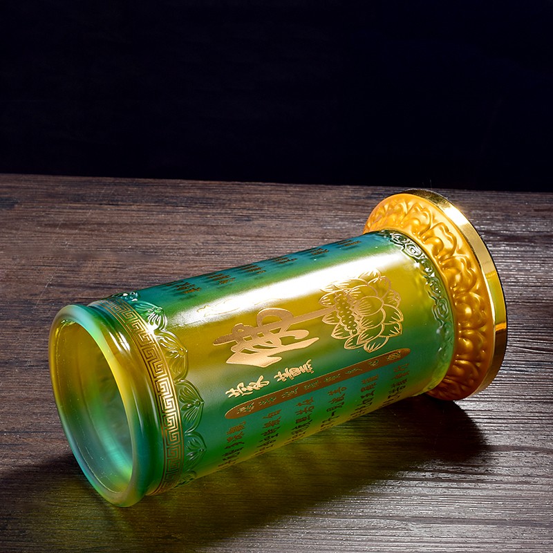 彩色佛字香筒绿色招财进宝香桶仿琉璃莲花玻璃香薰炉家用装香筒
