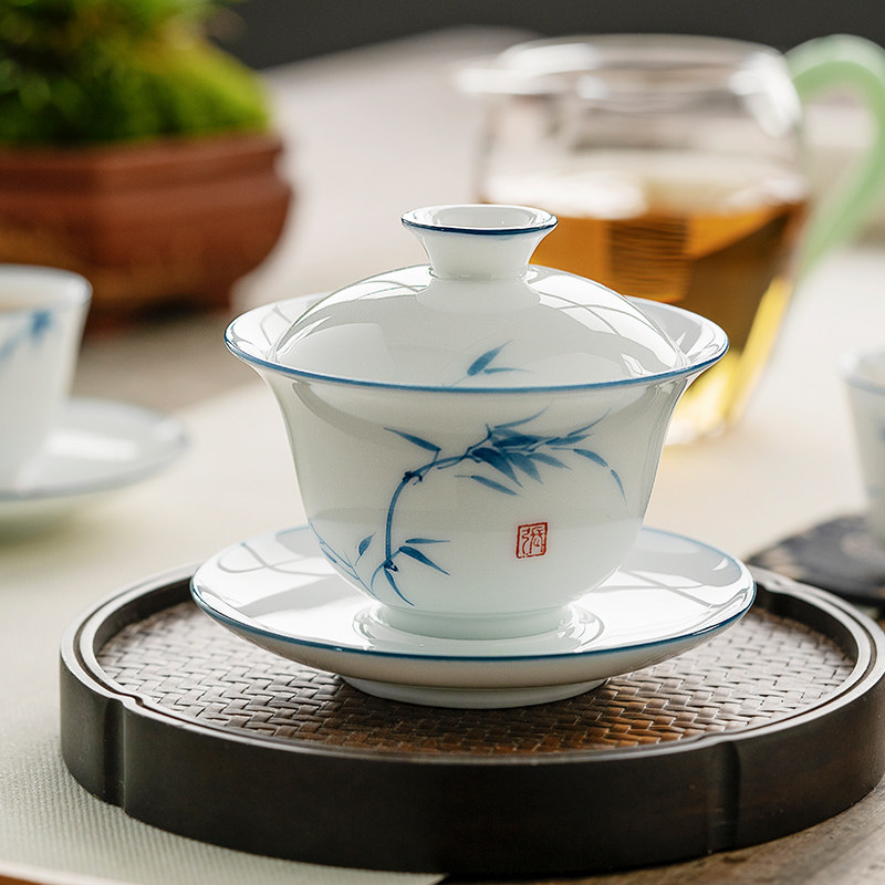 景德镇手绘竹三才盖碗家用功夫茶具大号防烫陶瓷敬茶盖碗茶杯单个