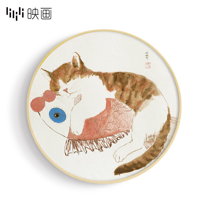 新中式装饰画卡通猫咪喷绘油画客厅沙发背景玄关墙上挂画圆形壁画