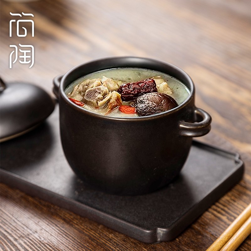 简陶日式家用陶瓷炖盅一人食燕窝小汤盅隔水炖复古餐具蒸蛋碗瓦罐