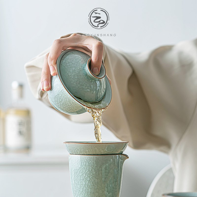 汝窑开片冰花釉功夫茶具套装陶瓷家用高档办公室轻奢泡茶盖碗送礼