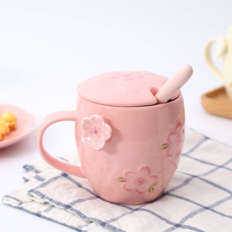 创意樱花公主马克杯带盖勺可爱杯子陶瓷杯简约咖啡杯办公室水杯女图片