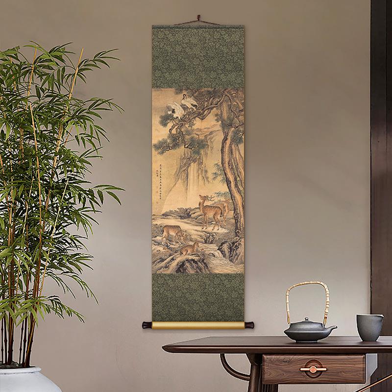 沈铨受天百禄图新中式丝绸卷轴挂画书房茶室装饰画九如图玄关壁画