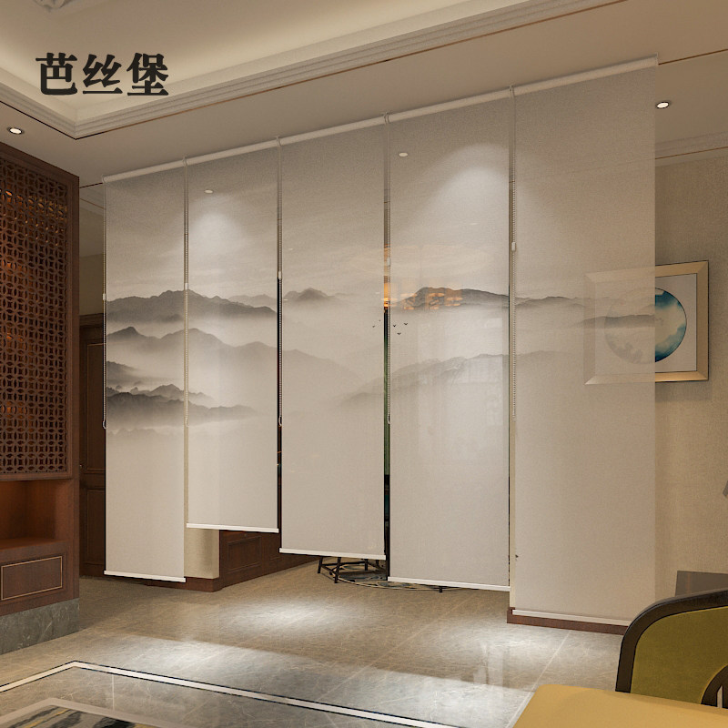 新中式卷帘窗帘屏风帘子软隔断悬挂式酒店客厅高档大气水墨山水画
