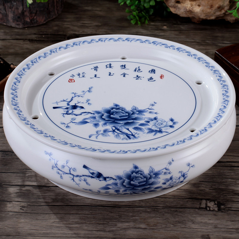 功夫茶具配件圆形茶盘茶船茶海茶池储蓄水式双层茶台高温陶瓷