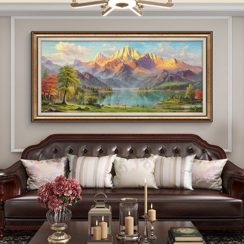 巨人山风景客厅装饰画美式沙发背景墙挂画复古油画靠山图高档壁画